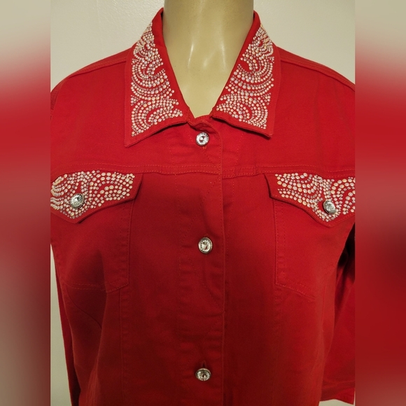 TIA Designs Red Embellished Women's Demin Jacket Rodeo Western Cowgirl Xl - Picture 2 of 6